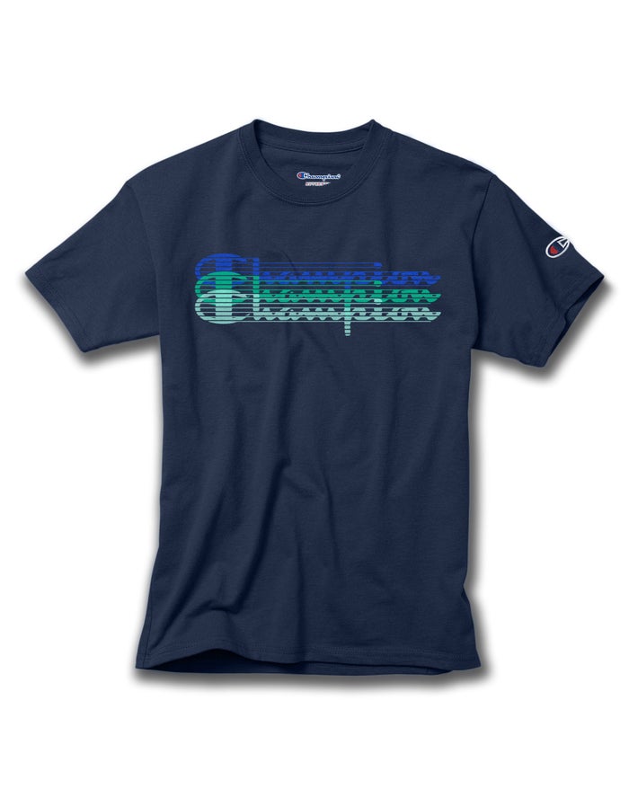 Champion Drenge T-Shirts Mørkeblå - Cotton Triple Split Script Logo - Danmark NEV-350164